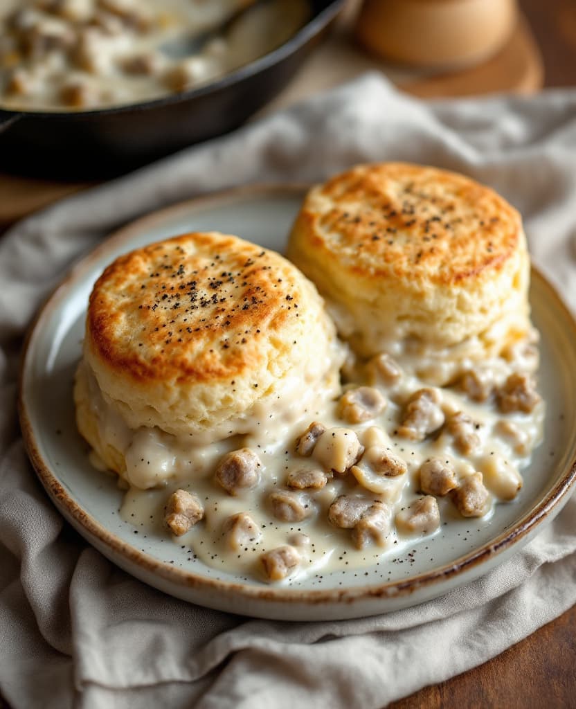 Biscuits and sausage gravy, Southern comfort - USA breakfast recipe Biscuits and sausage gravy, Southern comfort - USA breakfast recipe