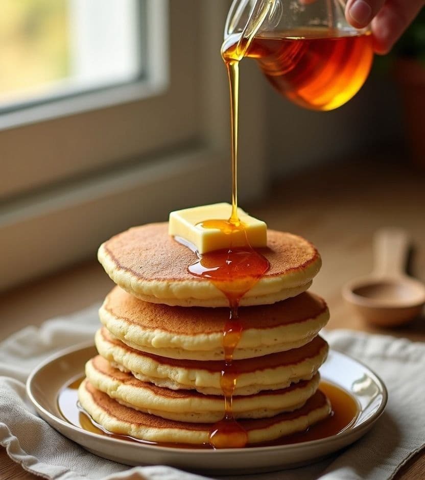 Buttermilk pancakes, real maple syrup — USA breakfast Buttermilk pancakes, real maple syrup — USA breakfast