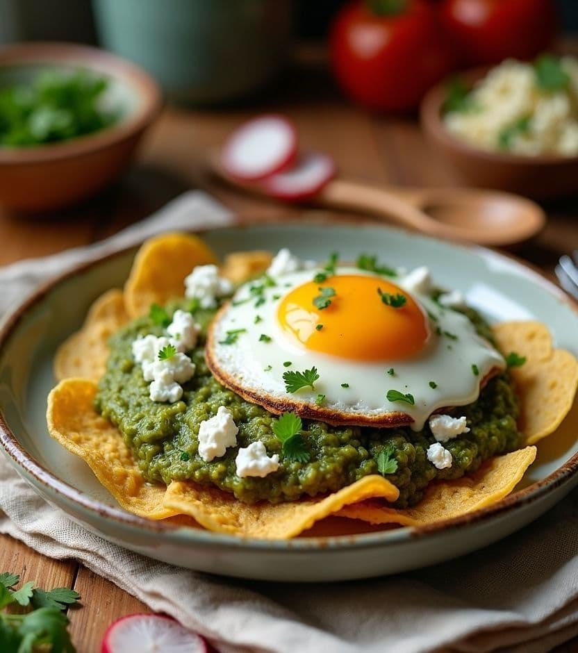 Chilaquiles verdes, fried egg — Mexico breakfast recipe Chilaquiles verdes, fried egg — Mexico breakfast recipe