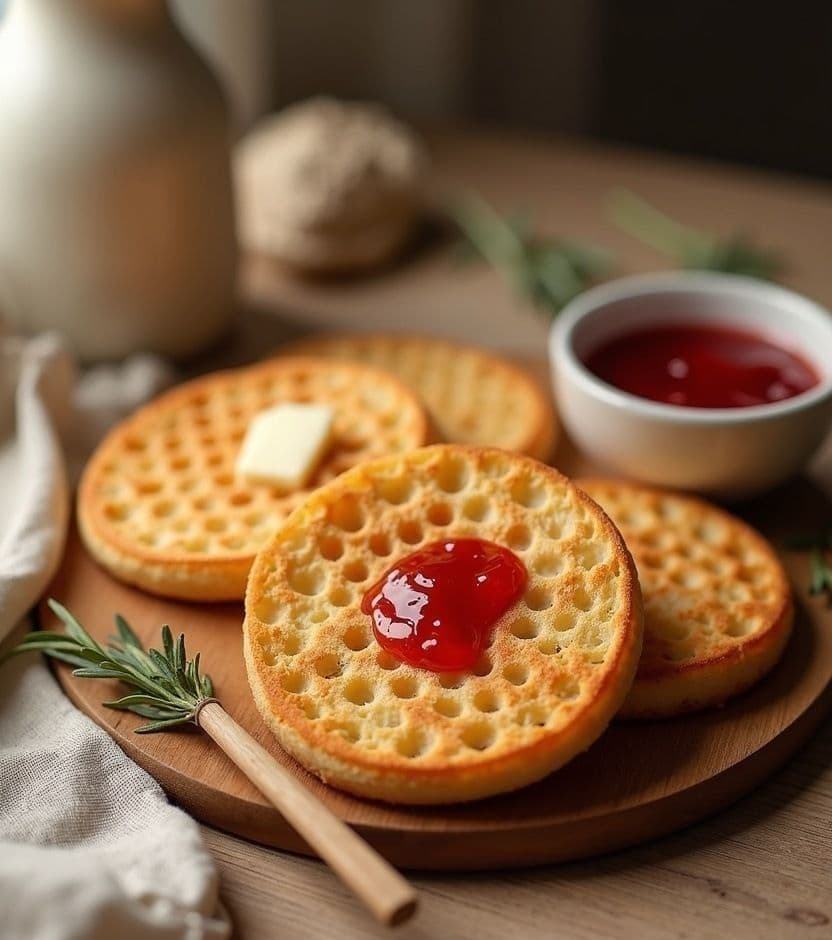 Crumpets with salted butter & jam - United Kingdom breakfast recipe Crumpets with salted butter & jam - United Kingdom breakfast recipe