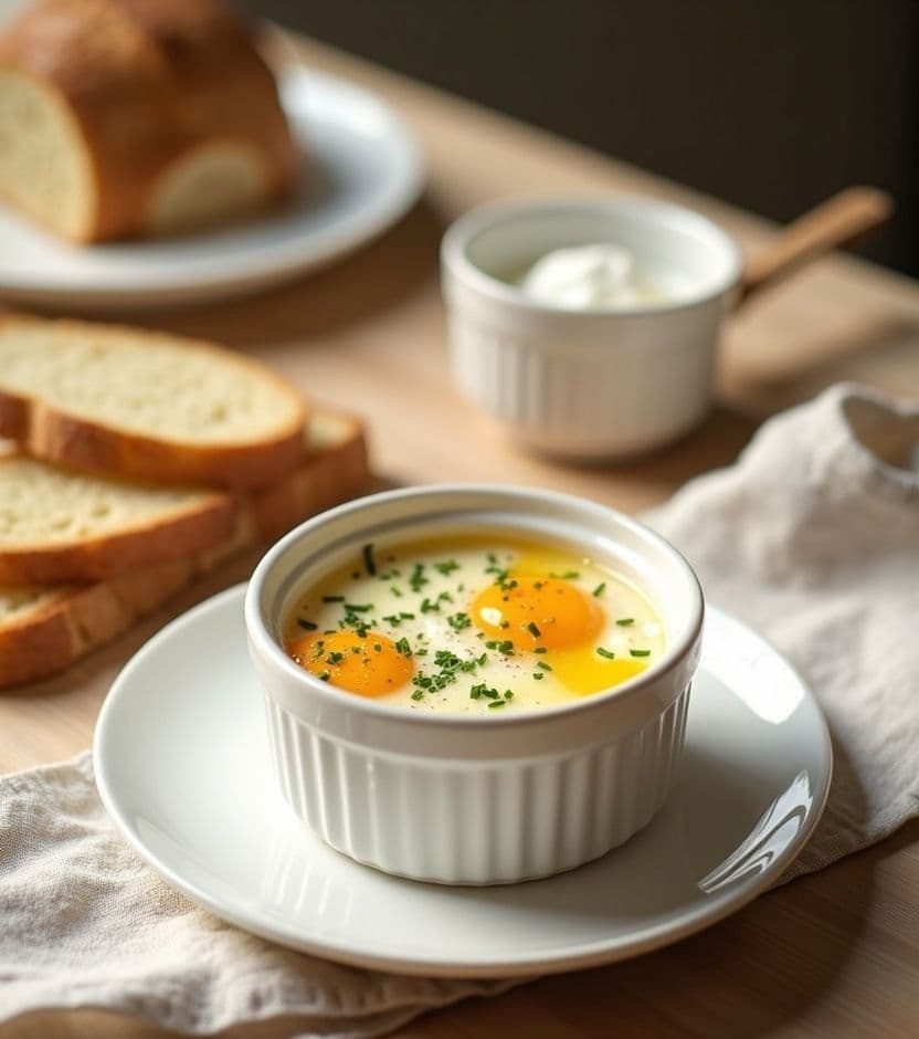 Œufs en cocotte, cream & herbs — France breakfast recipe Œufs en cocotte, cream & herbs — France breakfast recipe