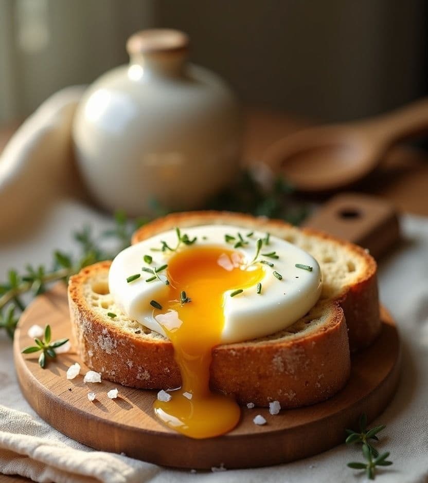 Soft-yolk toast with herbs.
