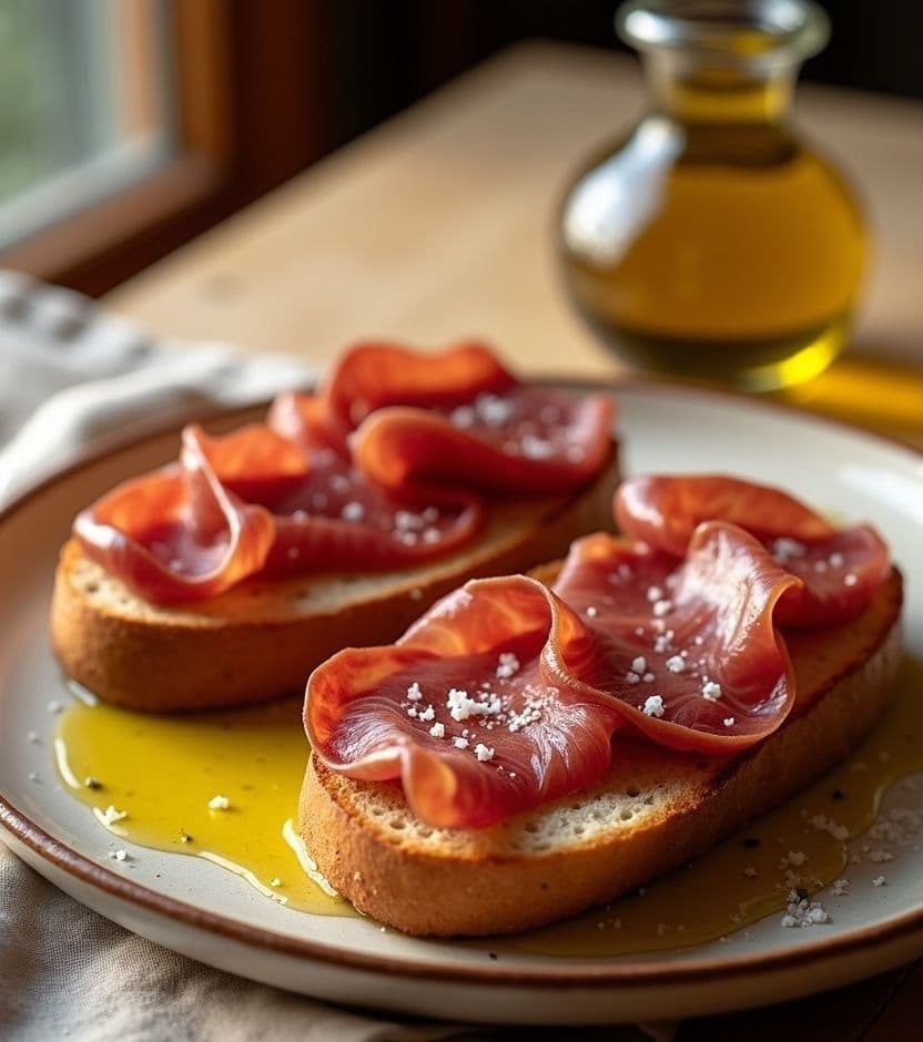 Tostada con tomate y jamón serrano — Spain breakfast Tostada con tomate y jamón serrano — Spain breakfast